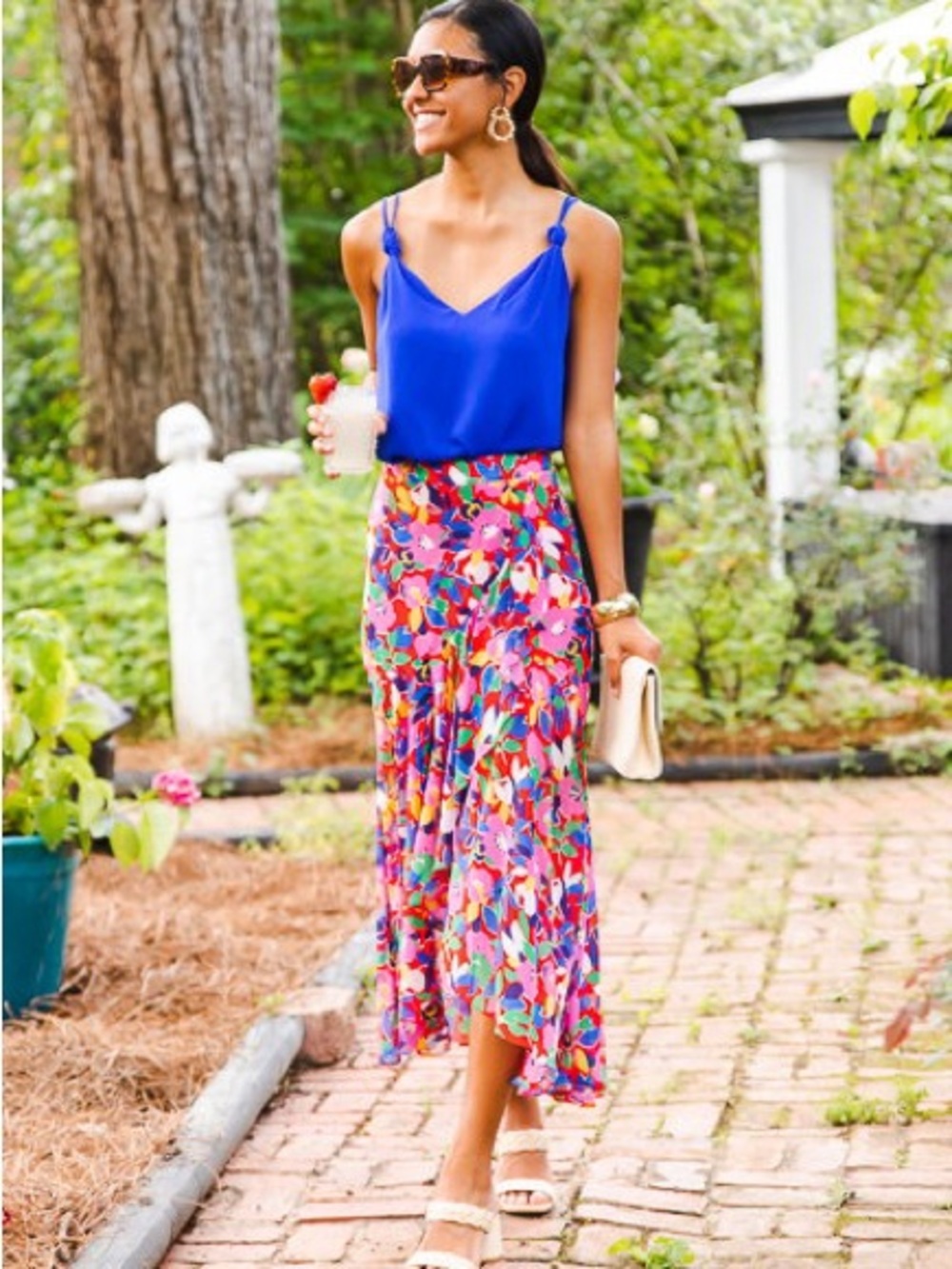 Sugarlips Bold Blue Top with Multicolor Floral Midi Skirt NWT